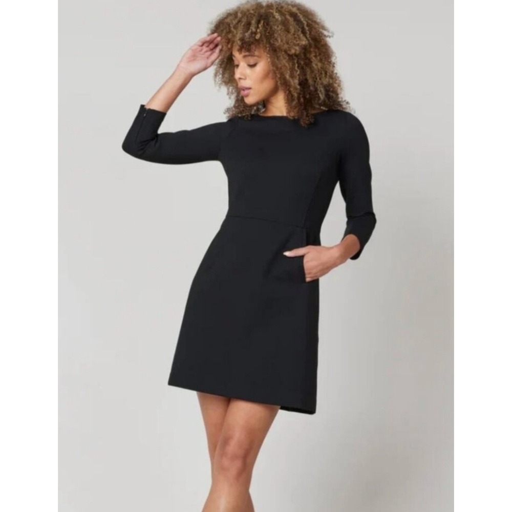 SPANX The Perfect Ponte Shift Dress Black 3/4 Sleeves A-Line Pockets Womens L